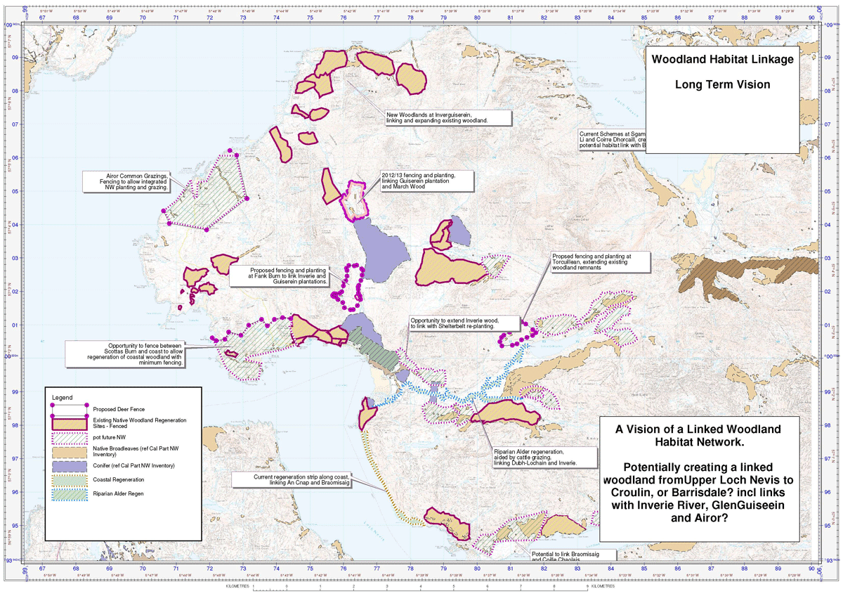 Figur 6 - Oversikt over de areal som er beplantet og mye planlagte felt på Knoydart . Figur fra Knoydart Forest Trust 2012.